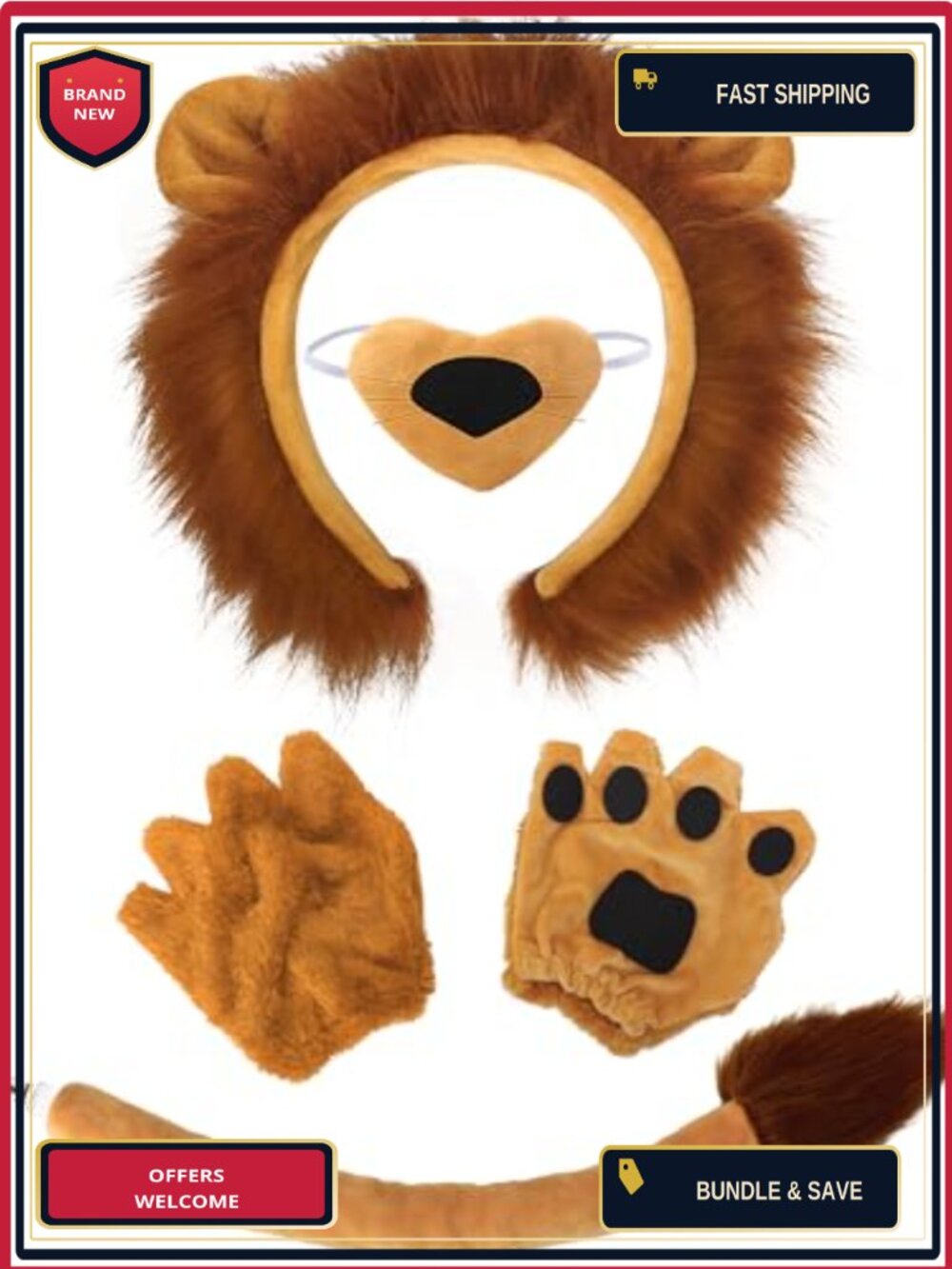 4 PCS Lion Costume Set Adult Lion Ears Headband Nose Paw Gloves Tail
